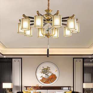 朝下全铜新中式客厅吊灯实木中国风大气别墅餐厅茶室大厅灯具