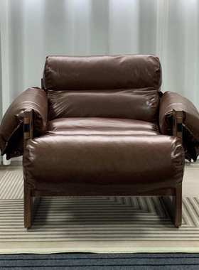 北欧单人沙发椅中古风实木设计师家用客厅休闲躺椅复古皮泽西岛椅