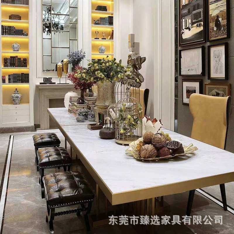 轻奢意式LONGHI椅组合现代简约不锈钢长方形大理石饭桌家用餐桌