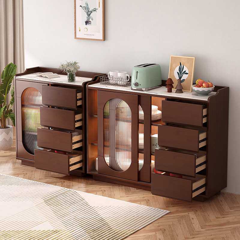 北欧实木餐边柜家用轻奢岩板茶水柜简约推拉抽屉双开门碗柜收纳柜