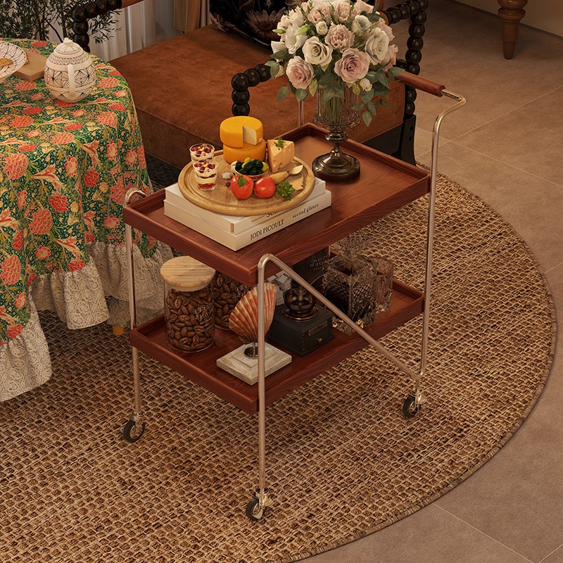 实木可移动小推车复古双r层收纳边几客厅沙发边柜床头置物架餐边