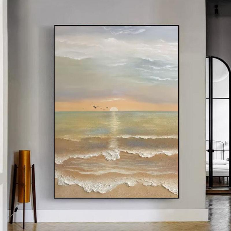 纯手绘油画客厅现代装饰画海景日出风景肌理画玄关竖版挂画奶油风