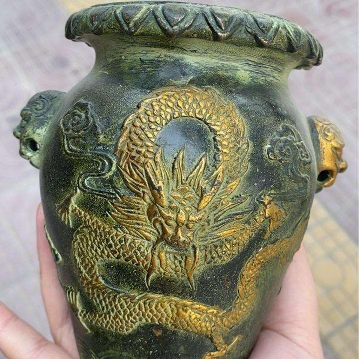 仿古龙纹铜罐瑞兽双耳招财铜壶聚宝缸摆件工艺品