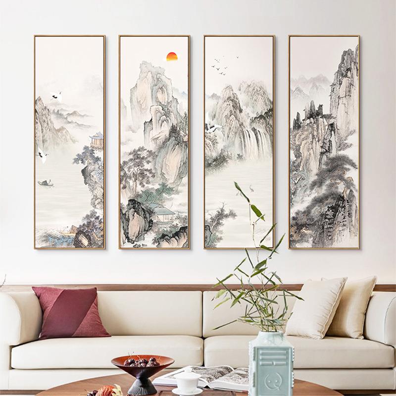 酒店民宿样板房山水画客厅装饰画四联画办公室风景国画新中式挂画