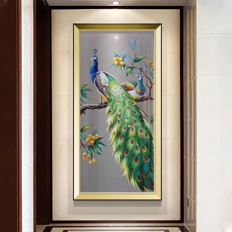 欧式入户玄关装饰画客厅高档轻奢孔雀壁画复古好寓意走廊餐厅挂画