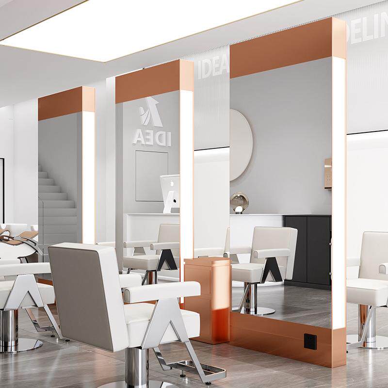 网红理发店镜子时尚美发镜台单双面落地带灯剪发镜壁挂式发廊专用