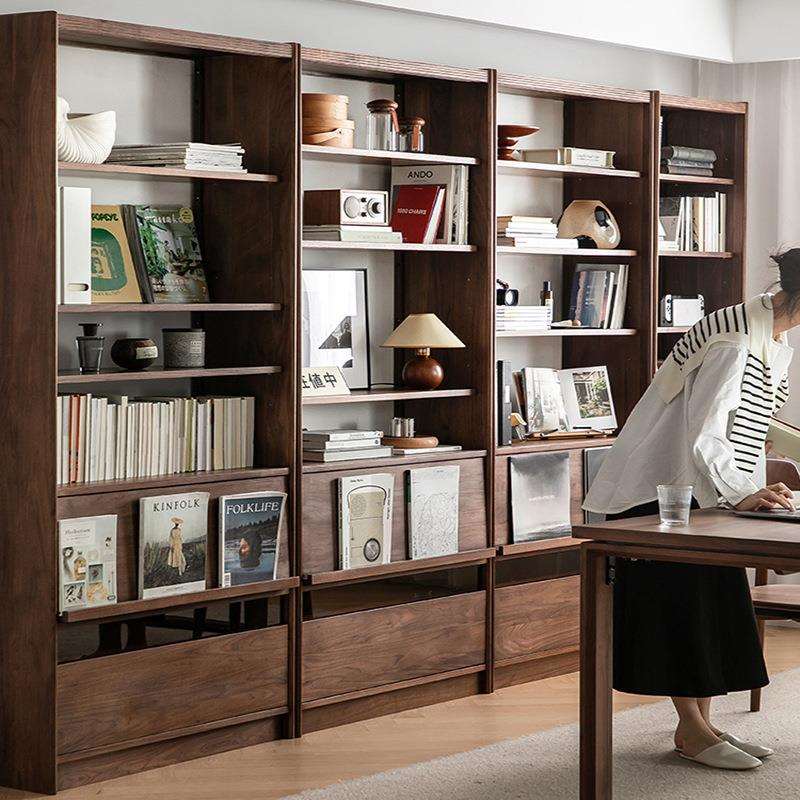 崇匠家具北美黑胡桃木书柜客厅整墙组合柜北欧简约实木落地书架橱