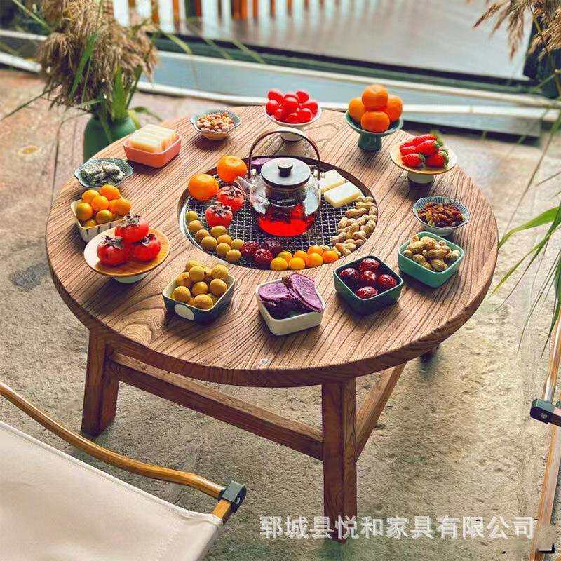 老榆木围炉煮茶桌阳台户外烧烤小圆桌民宿怀旧圆形榆木餐桌冰茶桌