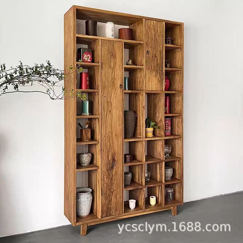 侘寂风老榆木博古架家用客厅原木展示柜I民宿茶室中古多宝阁置物