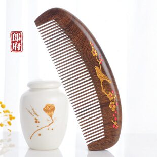 梳眉梢雕刻金丝护发檀木梳子绘描长款梳金上细木梳礼品彩齿喜郎府