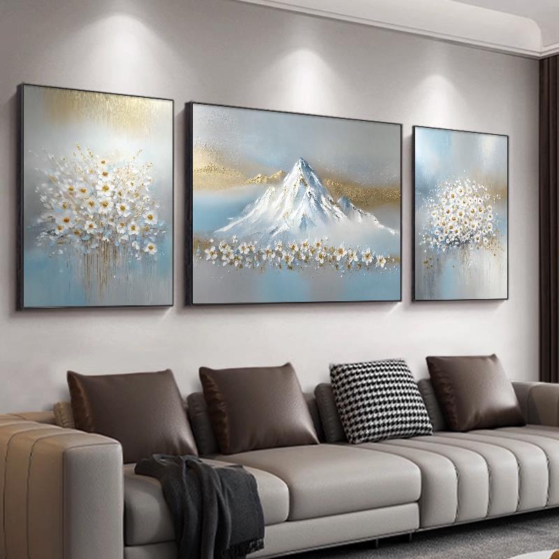 《梅里雪山》大芬油画村金箔淡雅清新风景山水手绘挂画客厅三联画