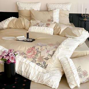 法式 浪漫花边100s全棉长绒棉四件套田园花卉刺绣被套床单床上用品