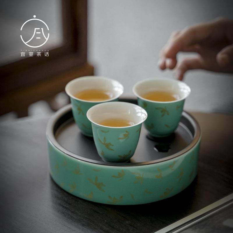 宜室茶话陶瓷锡盖壶承手工烫金玉兰花蓄水茶盘干泡盘茶道配件