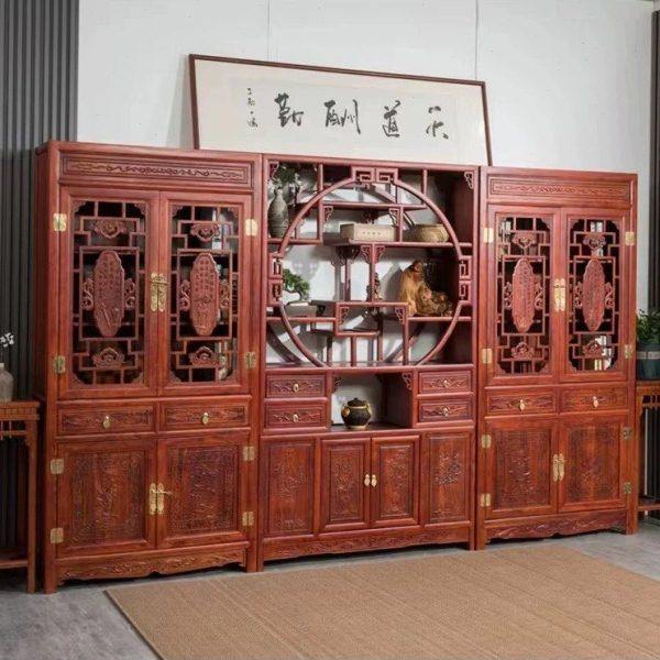 北方老榆木实木书柜组合中式书架仿古玻璃展示书橱雕花隔断储物柜