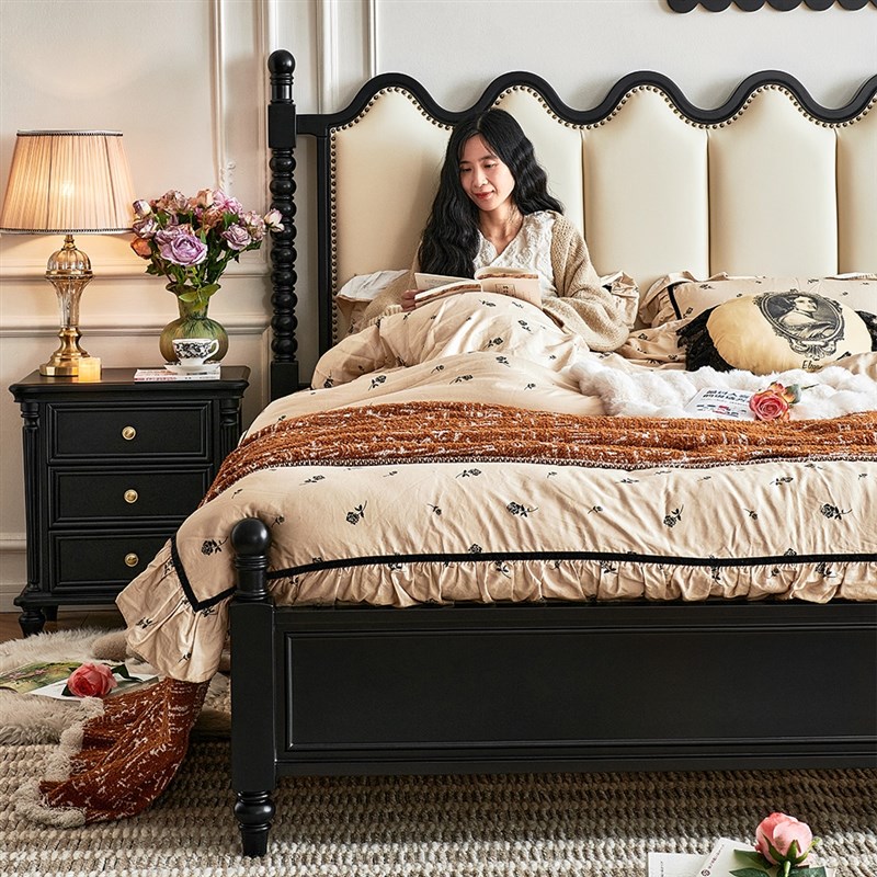 法式中古风黑色实木床家用t复古卧室1.8米波浪钢琴真皮软包双人床