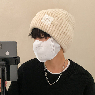 大头围粗毛线帽子男冬季宽v松保暖堆堆冷帽男款显脸小针织护耳帽