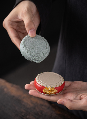 新中式创意青砂石鼓底座精品红色工艺品茶L壶茶杯盖置摆件底托底