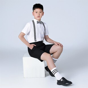 男童礼服夏季新款短袖衬衫加肥背带裤套装代发胖版儿童主持演出服