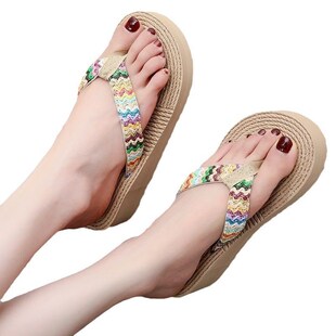 人字拖鞋女夏外穿夹脚高跟厚底草编鞋田园海边度假沙滩鞋坡跟拖鞋