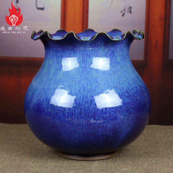 手拉禹州钧荷器陶瓷口工艺炭烧笔坯蓝色传统河南书房摆件洗瓷鱼缸