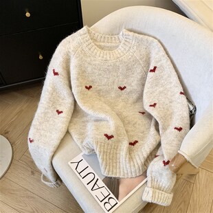 爱心提花毛衣女秋冬宽松软糯慵懒高级感复古甜美小个子短款 针织衫
