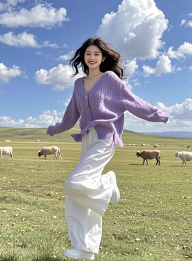 法式气质软糯紫色高级感毛衣外套女早秋季短款慵懒风宽松针织开衫