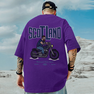 美式重磅潮牌宽松T恤胖子短袖男加肥加大五分袖紫色大码男装夏季