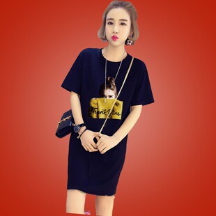 中长款 2020年夏季 宽松休闲百搭印花短袖 韩版 打底T恤连衣裙女 新款