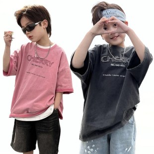 美式复古贴布刺绣炒色男童洋气短袖T恤2024儿童夏款童装半袖上衣