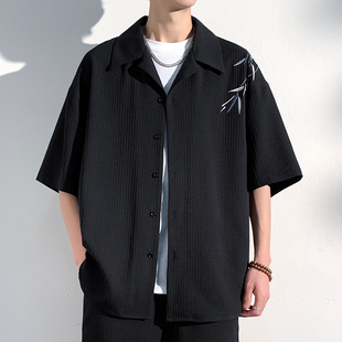 竹叶刺绣短袖衬衫男士夏季新中式风国潮设计感小众宽松五分袖衬衣