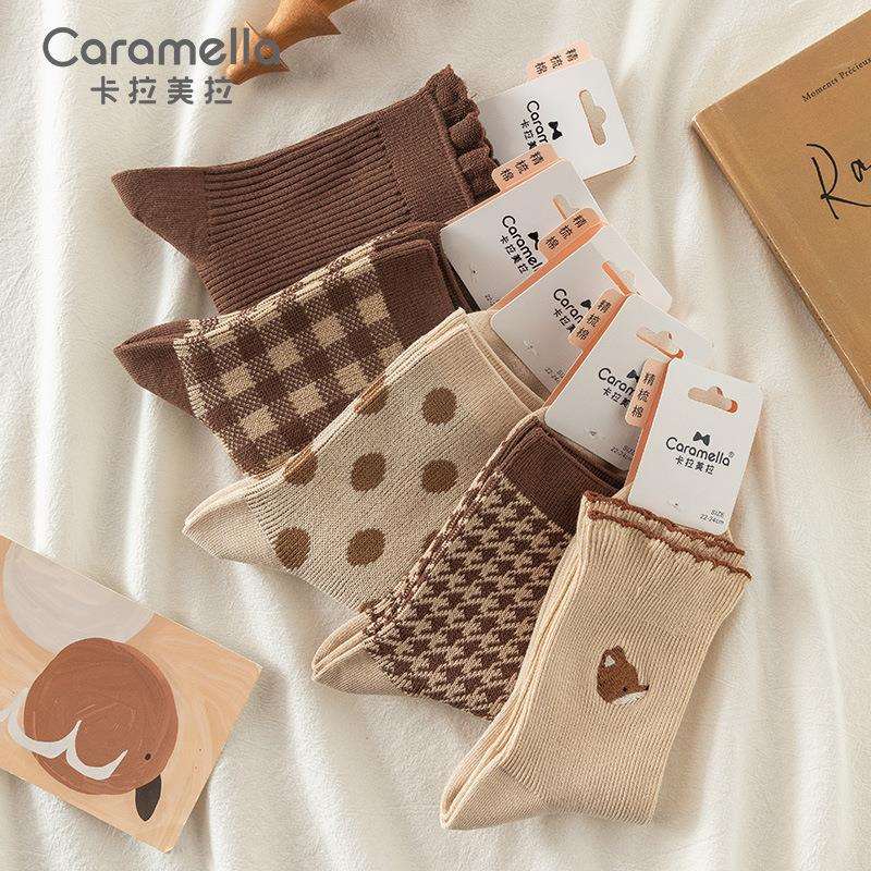 caramella秋冬季新款女士袜子双针女棉袜可爱卡通女袜10双