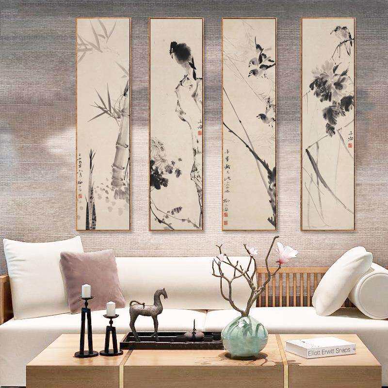新中式客厅装饰画布画四联组合书房办公室墙挂画玄关水墨壁画花卉
