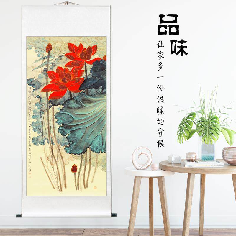 手绘公鸡荷花福禄事事大吉国画装饰水墨画卷轴已装裱花鸟风水挂画