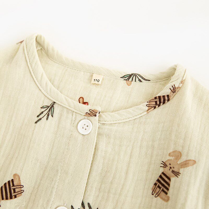 春夏卡通全棉双层纱布儿童女童睡衣长袖男童纯棉圆领韩版家居服套