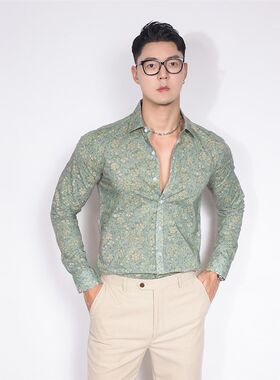 川泽男装印花小清新长袖衬衣休闲薄款上衣韩版修身绿色碎花棉衬衫