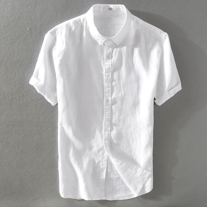 纯亚麻白色短袖衬衫男士简约休闲宽松青年薄款基础半袖棉麻衬衣男