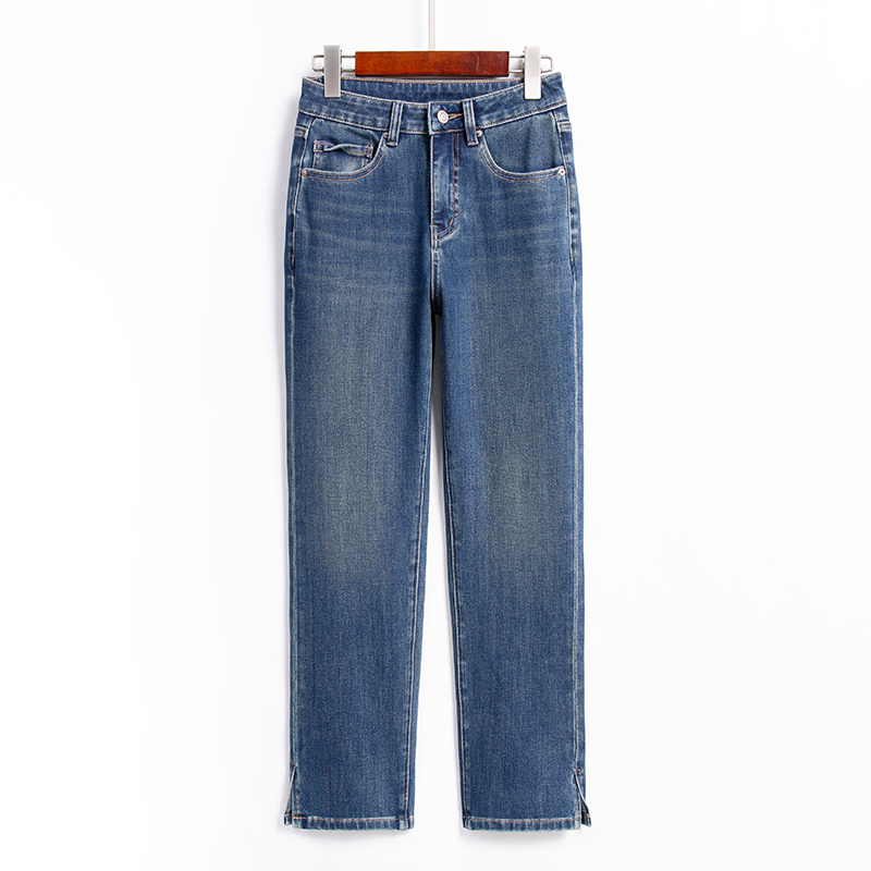 复古开叉直筒牛仔裤女2025春季新款高腰宽松显瘦休闲法棍烟管长裤