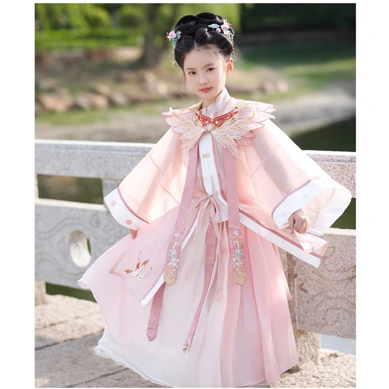 宋代桃粉云肩汉服女童春秋款儿童古装超仙中国风小女孩长袖套装