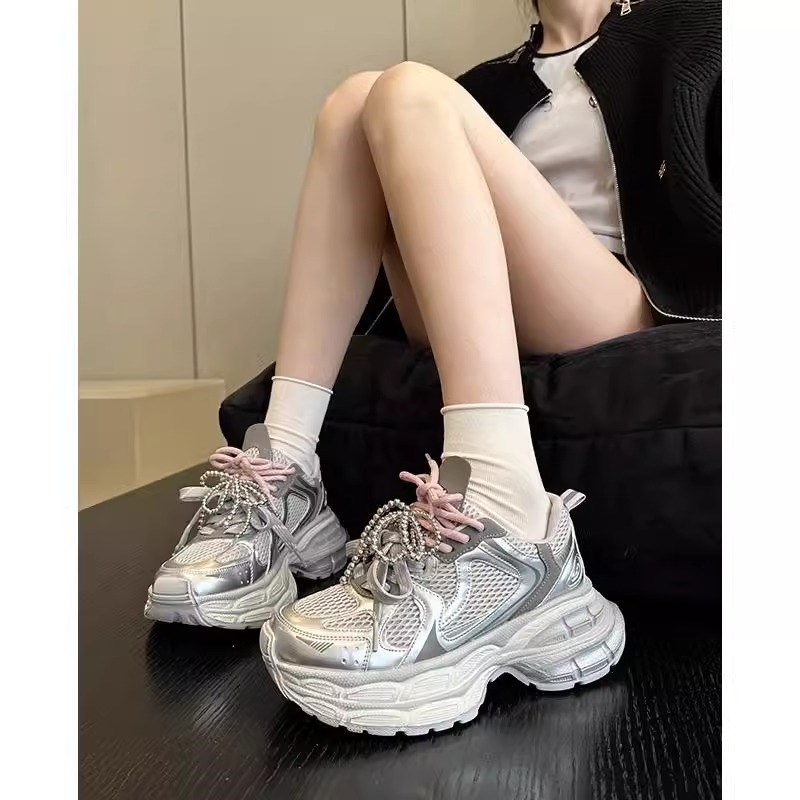 厚底串珠时尚老爹鞋女2025爆款春季新款百搭网透气面运动休闲鞋潮