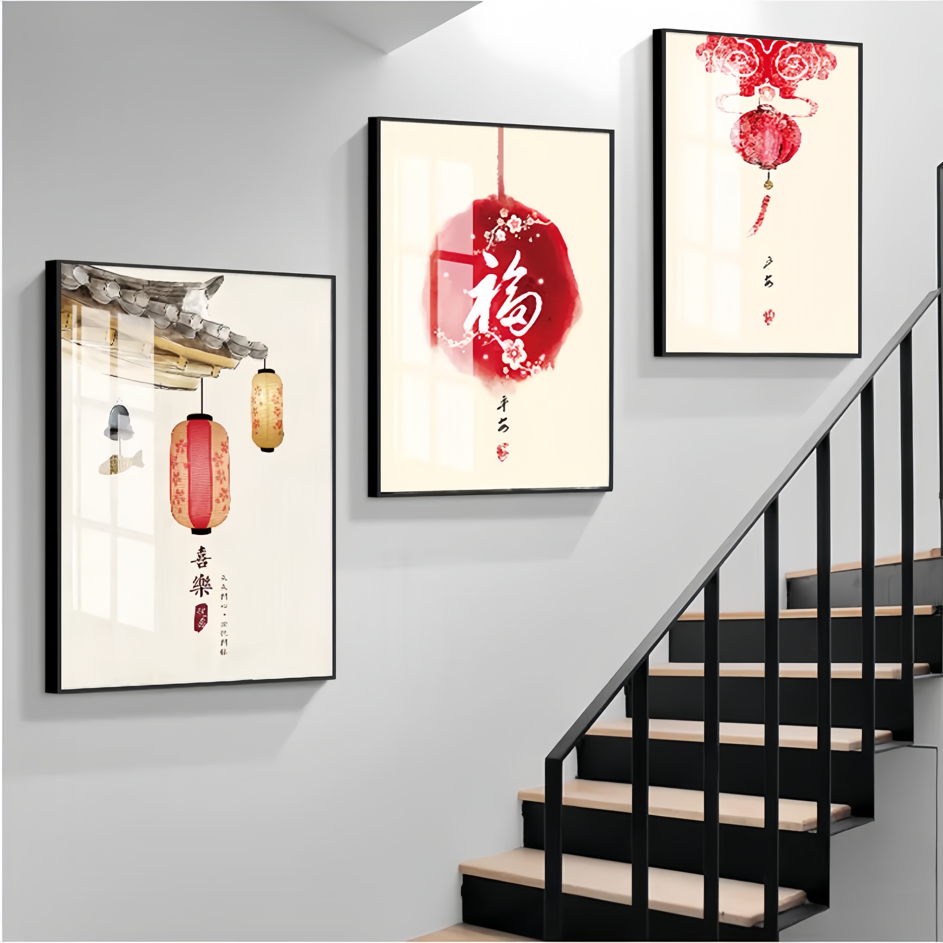 简约复式楼梯楼道间装饰画三联好寓意办公室客厅沙发走廊过道挂画