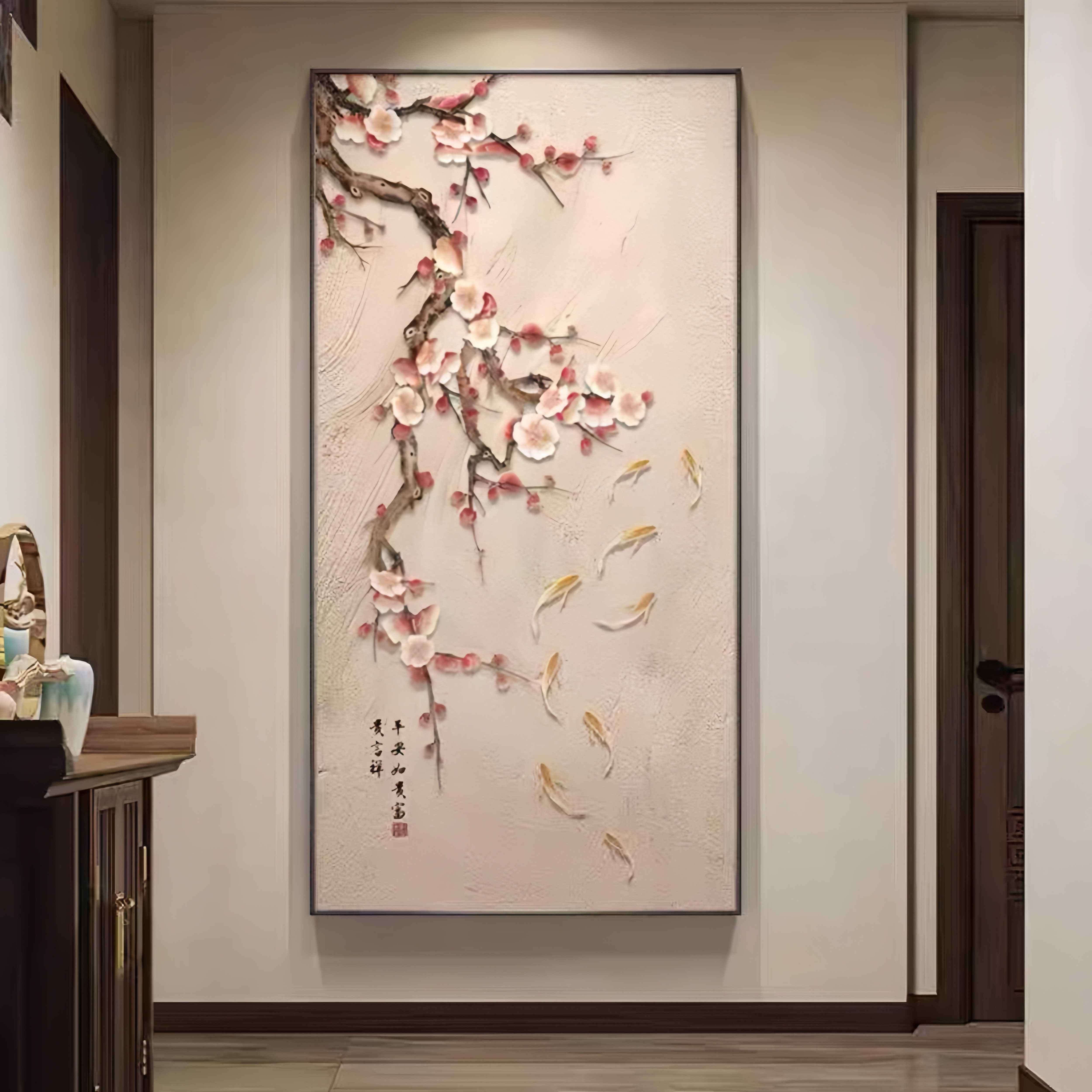 九鱼图新中式新款玄关装饰画正对门入户画宋代美学挂画原木风壁画,家居饰品,现代装饰画,淘宝优惠券,粉丝福利购,淘宝优惠卷