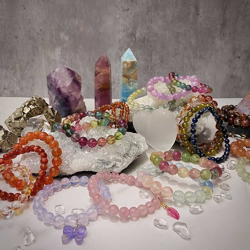 金太阳碧玺灰月光海蓝宝阿鲁沙y金草莓松石蓝晶莹石超七水晶手链