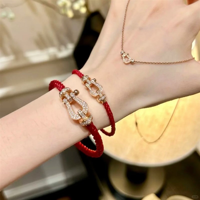 2025新款f马蹄扣手链女满钻钢丝手绳本命年红绳幸运航海扣情侣手