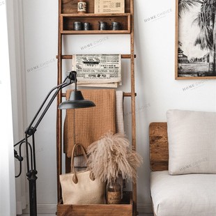 润家家居实木松木衣帽架简易落地靠墙木质挂衣架玄关斜靠收纳层架