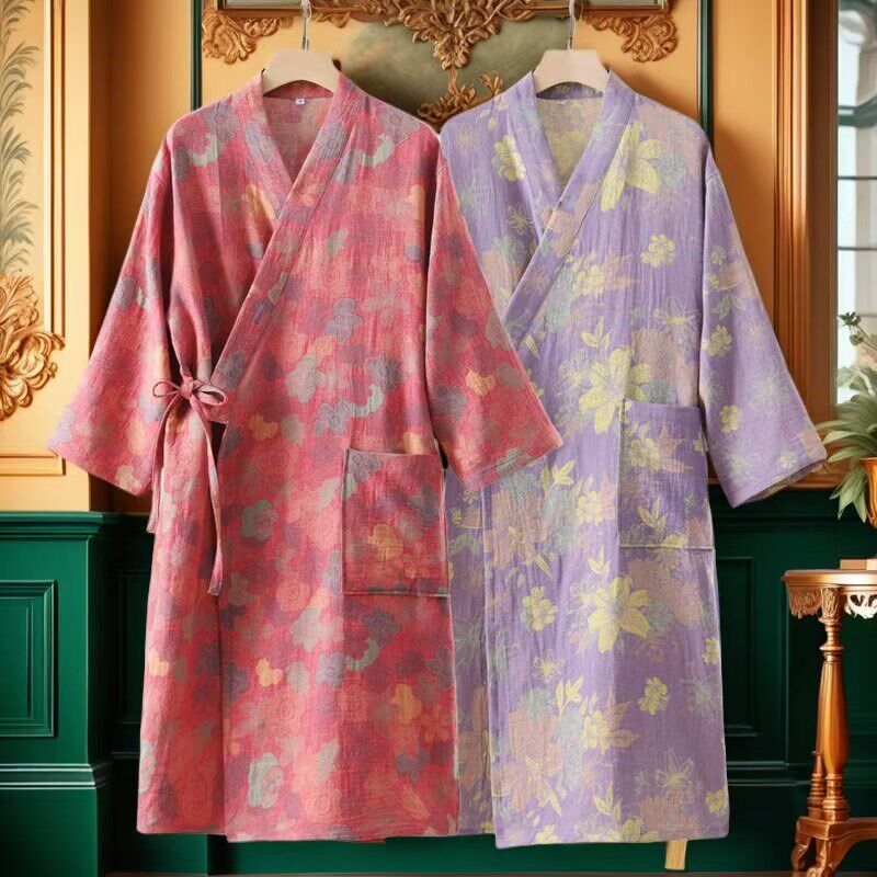 春夏纯棉双层纱布浴袍女士全棉睡睡衣/家居服套装