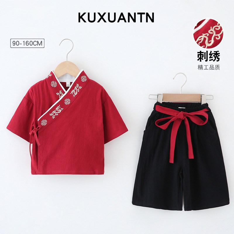 儿童汉服男童夏季薄款套装宝宝纯棉唐装女孩中国风表演服国学古装图片