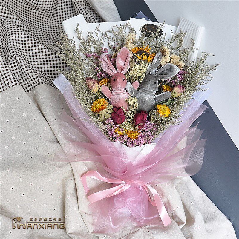 韩式毕业七夕情人节女朋友生日许愿兔公仔玫瑰花干花花束摄影道具