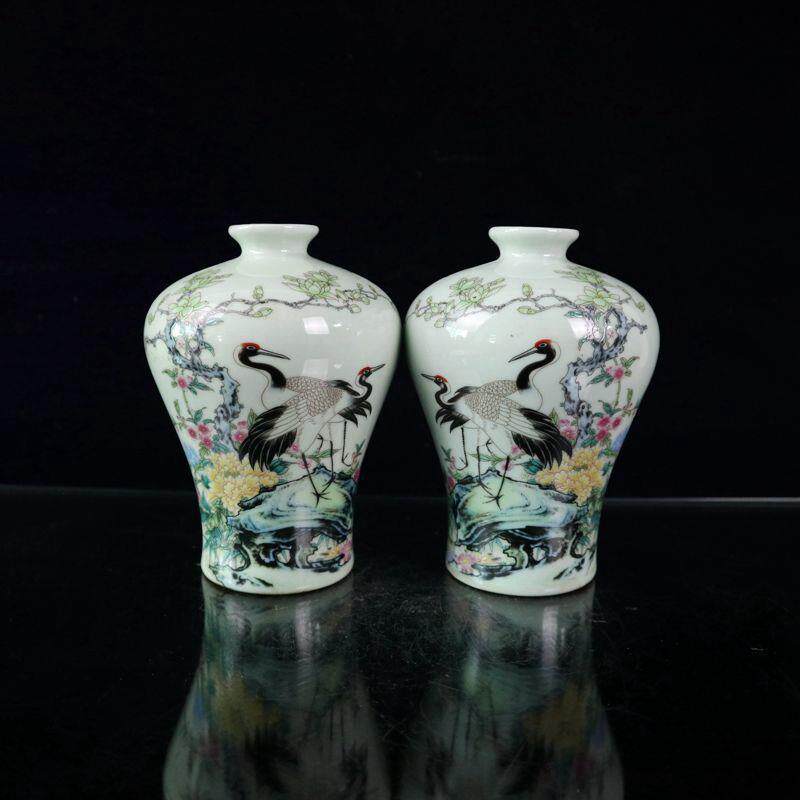 收藏古玩复古工艺品粉彩瓷器仙鹤图纹梅瓶花瓶一对摆饰