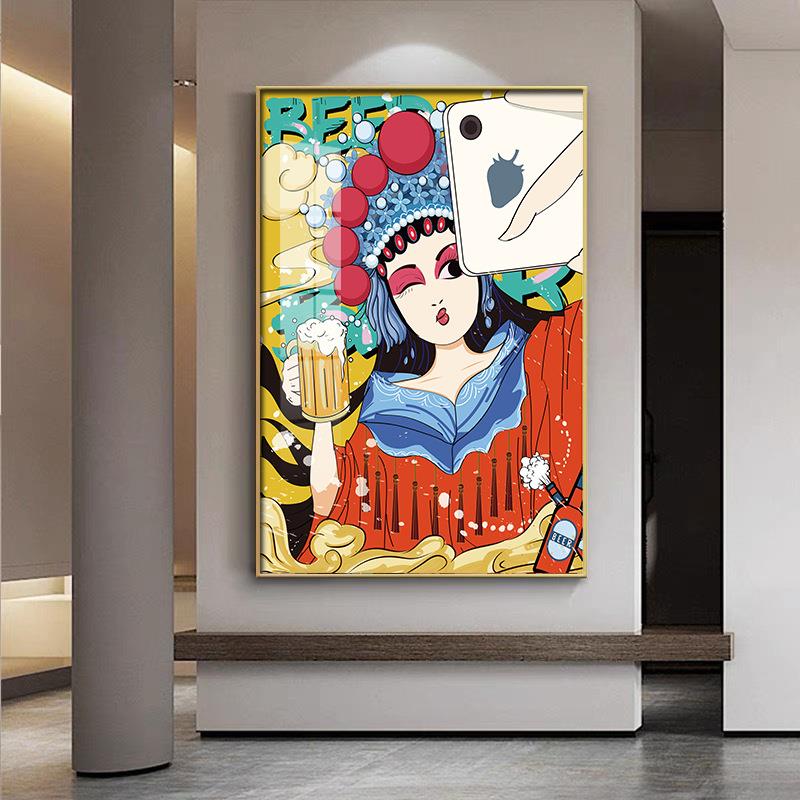 国潮人物挂画中国风餐厅墙画中式京剧花旦玄关壁画晶瓷装饰画个性