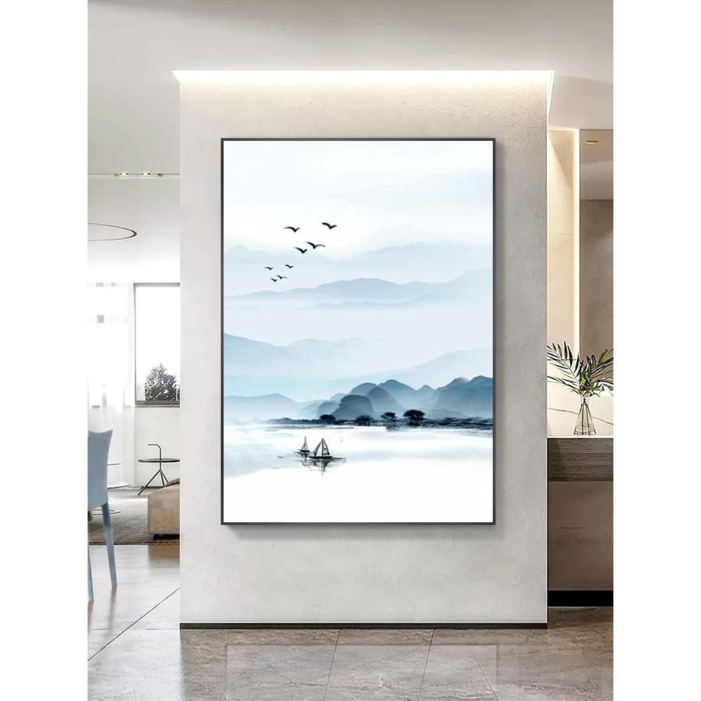 新中式装饰画入户玄关走廊现代挂画客厅旺财竖版水墨意境山水油画